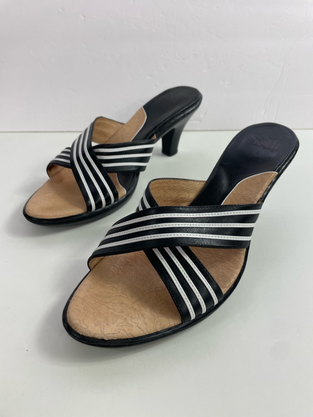 Sofft Black Slide Heels with White Striped Crisscross Straps